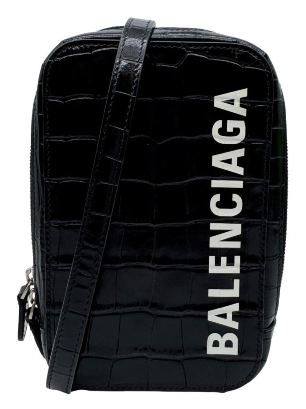 Balenciaga Crocodile Leather Phone Holder Crossbody Bag Black